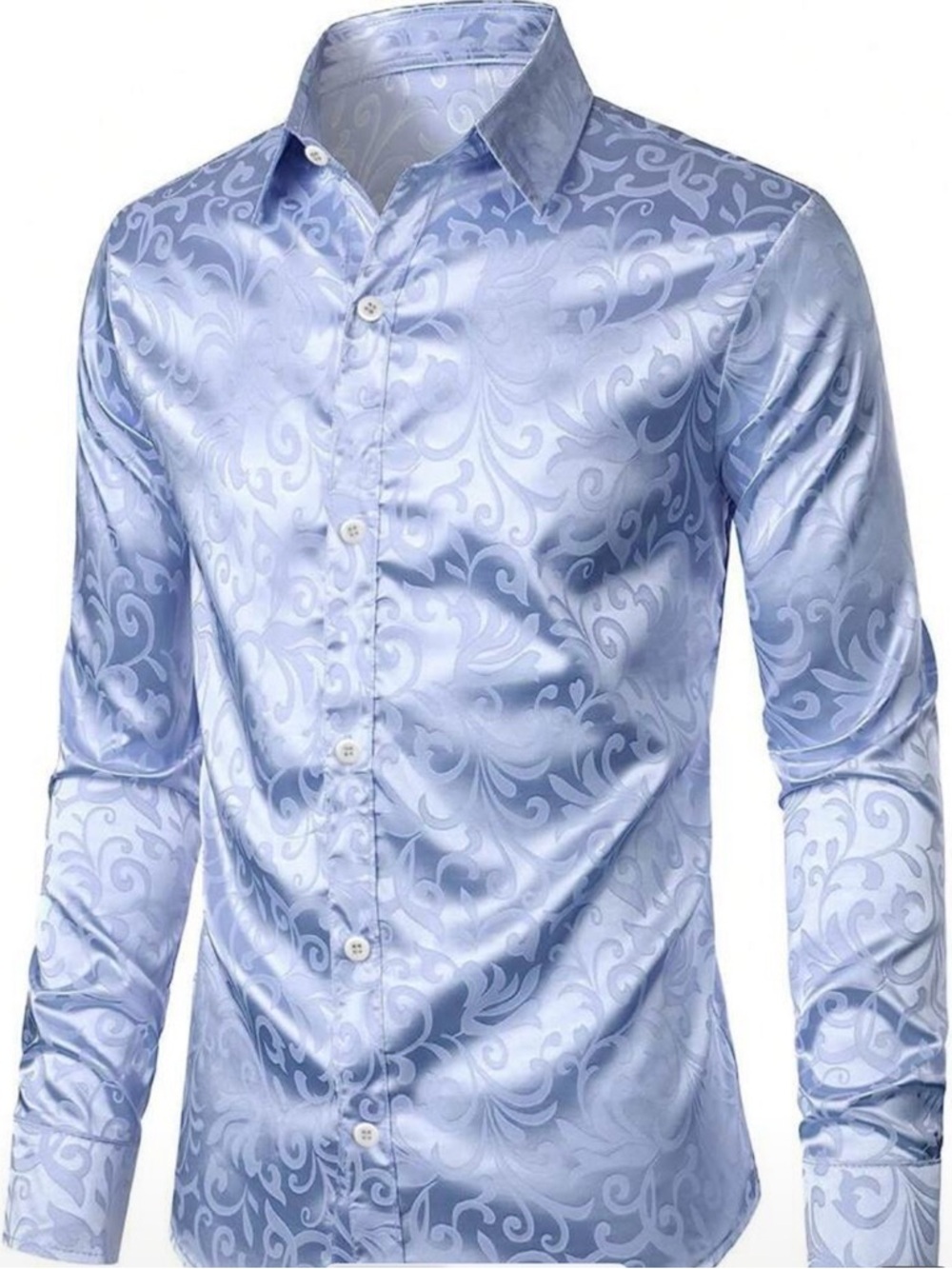 Slim Fit Light Blue Jacquard Satin Dress Shirt